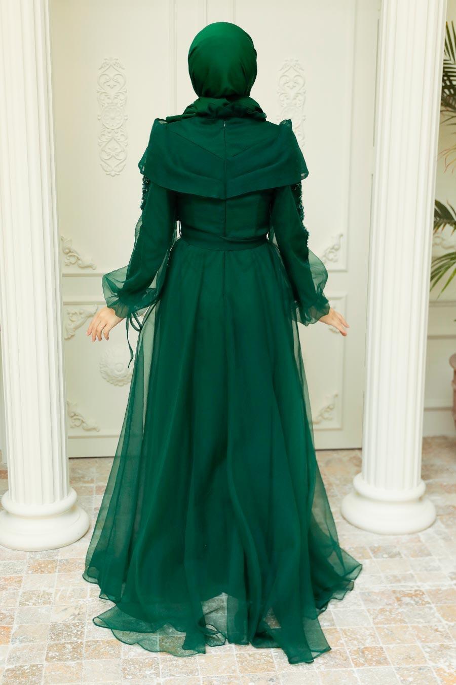 Tesettürlü Abiye Elbise - Boncuk Detaylı Yeşil Tesettür Abiye Elbise 22331Y