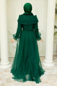 Tesettürlü Abiye Elbise - Boncuk Detaylı Yeşil Tesettür Abiye Elbise 22331Y - Thumbnail