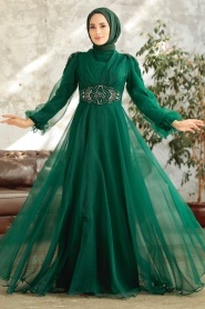 Tesettürlü Abiye Elbise - Boncuk Detaylı Yeşil Tesettür Abiye Elbise 2249Y - Thumbnail
