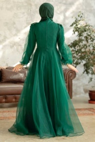 Tesettürlü Abiye Elbise - Boncuk Detaylı Yeşil Tesettür Abiye Elbise 2249Y - Thumbnail