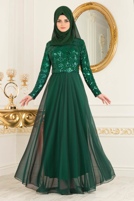 Tesettürlü Abiye Elbise - Boncuk Detaylı Yeşil Tesettür Abiye Elbise 79440Y