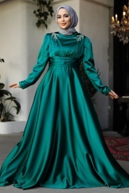 Tesettürlü Abiye Elbise - Boncuk Detaylı Yeşil Tesettür Saten Abiye Elbise 25880Y - Thumbnail