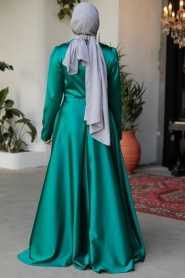 Tesettürlü Abiye Elbise - Boncuk Detaylı Yeşil Tesettür Saten Abiye Elbise 25880Y - Thumbnail
