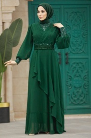 Tesettürlü Abiye Elbise - Boncuk Detaylı Zümrüt Yeşili Tesettür Abiye Elbise 22201ZY - Thumbnail
