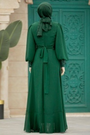 Tesettürlü Abiye Elbise - Boncuk Detaylı Zümrüt Yeşili Tesettür Abiye Elbise 22201ZY - Thumbnail