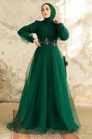 Tesettürlü Abiye Elbise - Boncuk Detaylı Zümrüt Yeşili Tesettür Abiye Elbise 22571ZY - Thumbnail