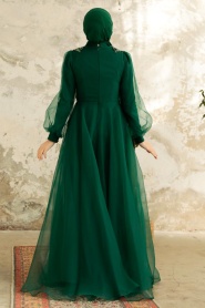 Tesettürlü Abiye Elbise - Boncuk Detaylı Zümrüt Yeşili Tesettür Abiye Elbise 22571ZY - Thumbnail