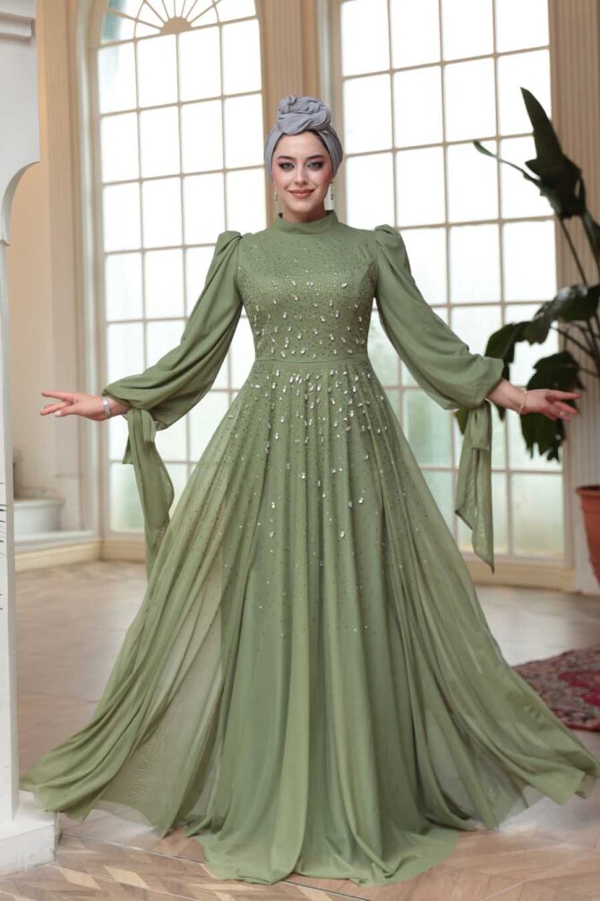 Tesettürlü Abiye Elbise - Boncuk İşlemeli Açık Haki Tesettür Abiye Elbise 5283AHK - N.S NEVA STYLE