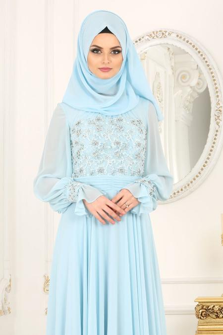 Tesettürlü Abiye Elbise - Boncuk İşlemeli Bebek Mavisi Tesettürlü Abiye Elbise 4334BM - 2