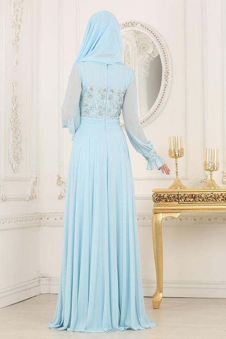 Tesettürlü Abiye Elbise - Boncuk İşlemeli Bebek Mavisi Tesettürlü Abiye Elbise 4334BM - 3
