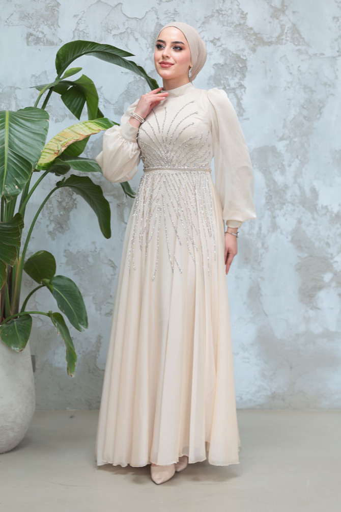 Tesettürlü Abiye Elbise - Boncuk İşlemeli Bej Tesettür Abiye Elbise 4953BEJ - 2
