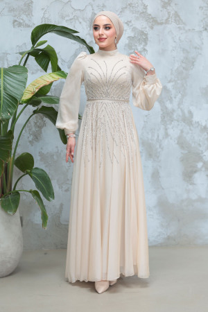 Tesettürlü Abiye Elbise - Boncuk İşlemeli Bej Tesettür Abiye Elbise 4953BEJ - 3