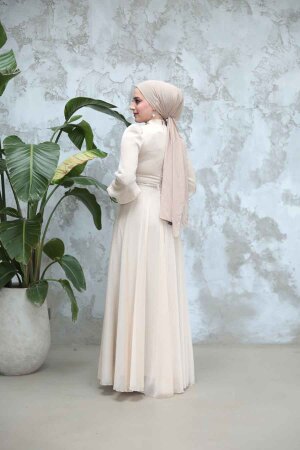 Tesettürlü Abiye Elbise - Boncuk İşlemeli Bej Tesettür Abiye Elbise 4953BEJ - 4
