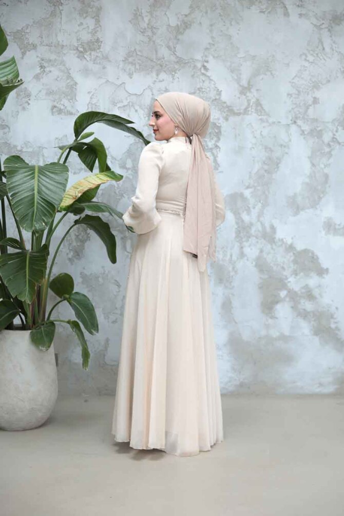 Tesettürlü Abiye Elbise - Boncuk İşlemeli Bej Tesettür Abiye Elbise 4953BEJ - 4