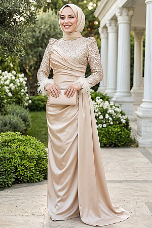 Tesettürlü Abiye Elbise - Boncuk İşlemeli Bej Tesettür Abiye Elbise 52151BEJ 