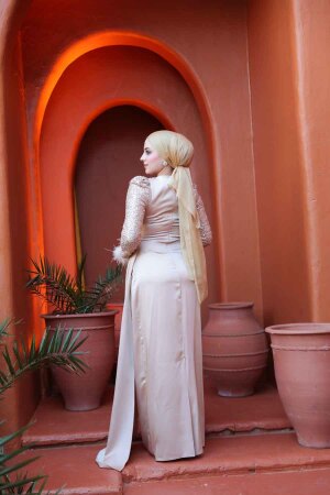 Tesettürlü Abiye Elbise - Boncuk İşlemeli Bej Tesettür Abiye Elbise 52151BEJ - 4