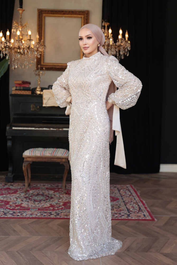 Tesettürlü Abiye Elbise - Boncuk İşlemeli Bej Tesettür Abiye Elbise 52554BEJ - 4