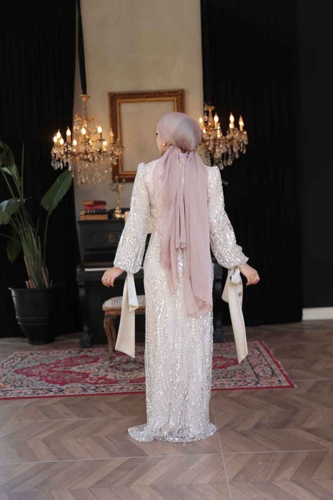 Tesettürlü Abiye Elbise - Boncuk İşlemeli Bej Tesettür Abiye Elbise 52554BEJ - 6