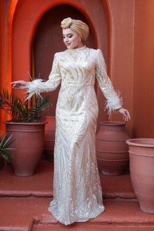 Tesettürlü Abiye Elbise - Boncuk İşlemeli Bej Tesettür Abiye Elbise 52712BEJ - N.S NEVA STYLE