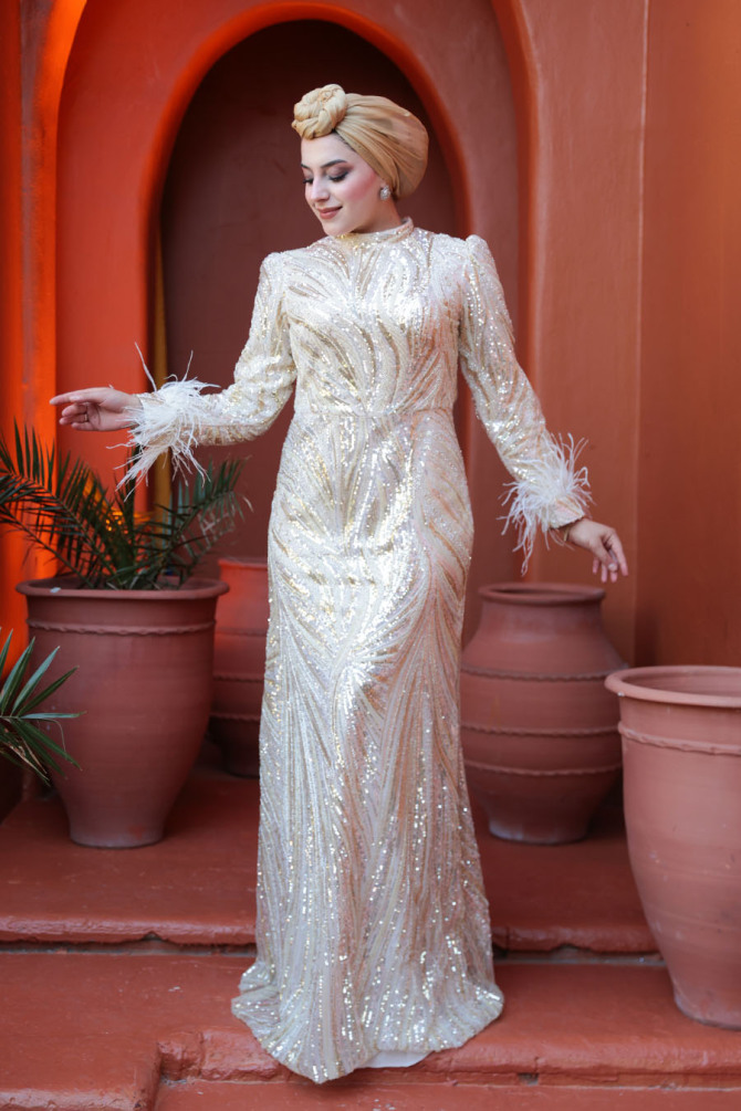 Tesettürlü Abiye Elbise - Boncuk İşlemeli Bej Tesettür Abiye Elbise 52712BEJ - N.S NEVA STYLE