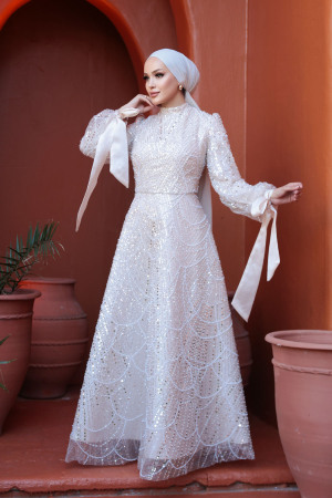 Tesettürlü Abiye Elbise - Boncuk İşlemeli Bej Tesettür Abiye Elbise 53171BEJ 