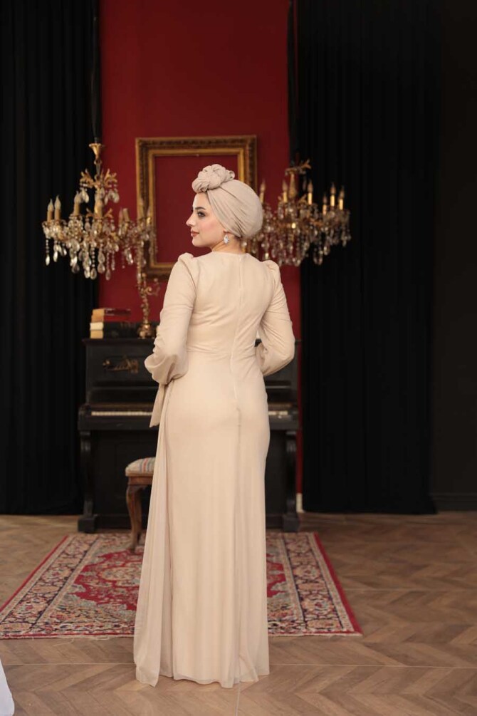 Tesettürlü Abiye Elbise - Boncuk İşlemeli Bej Tesettür Abiye Elbise 53497BEJ - 5