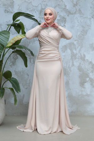 Tesettürlü Abiye Elbise - Boncuk İşlemeli Bej Tesettür Saten Abiye Elbise 51312BEJ - 3