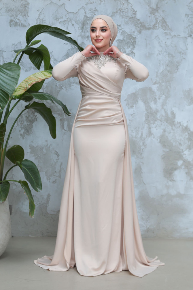 Tesettürlü Abiye Elbise - Boncuk İşlemeli Bej Tesettür Saten Abiye Elbise 51312BEJ - 3