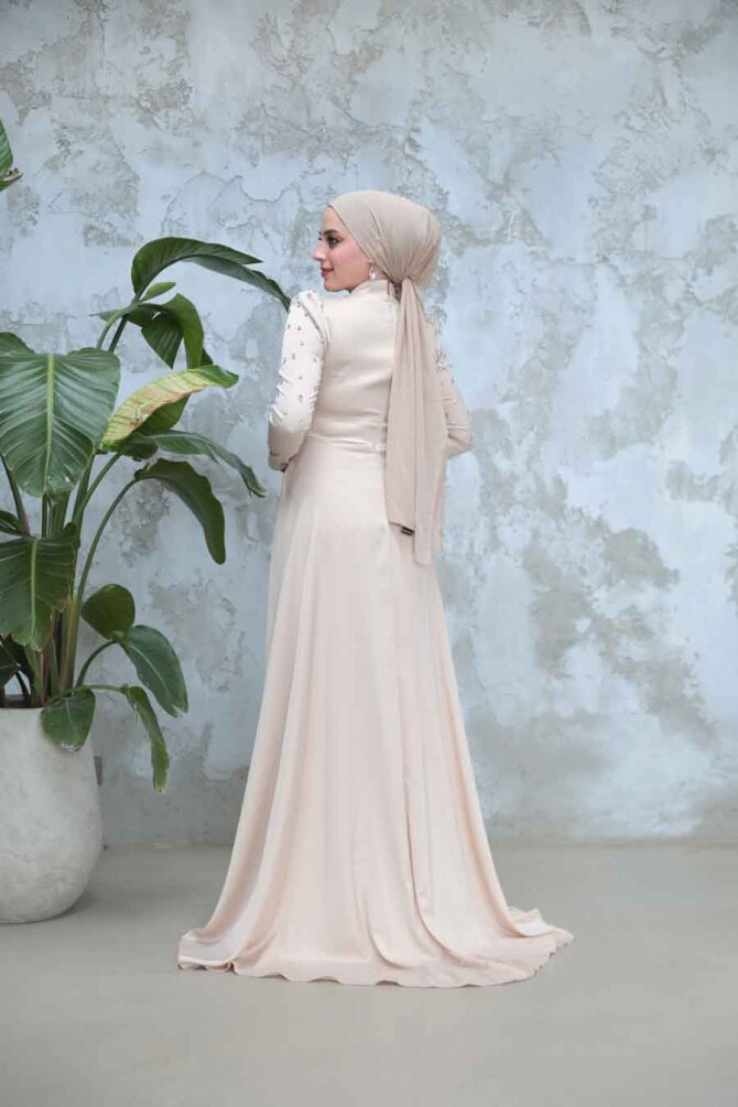 Tesettürlü Abiye Elbise - Boncuk İşlemeli Bej Tesettür Saten Abiye Elbise 51312BEJ - 4