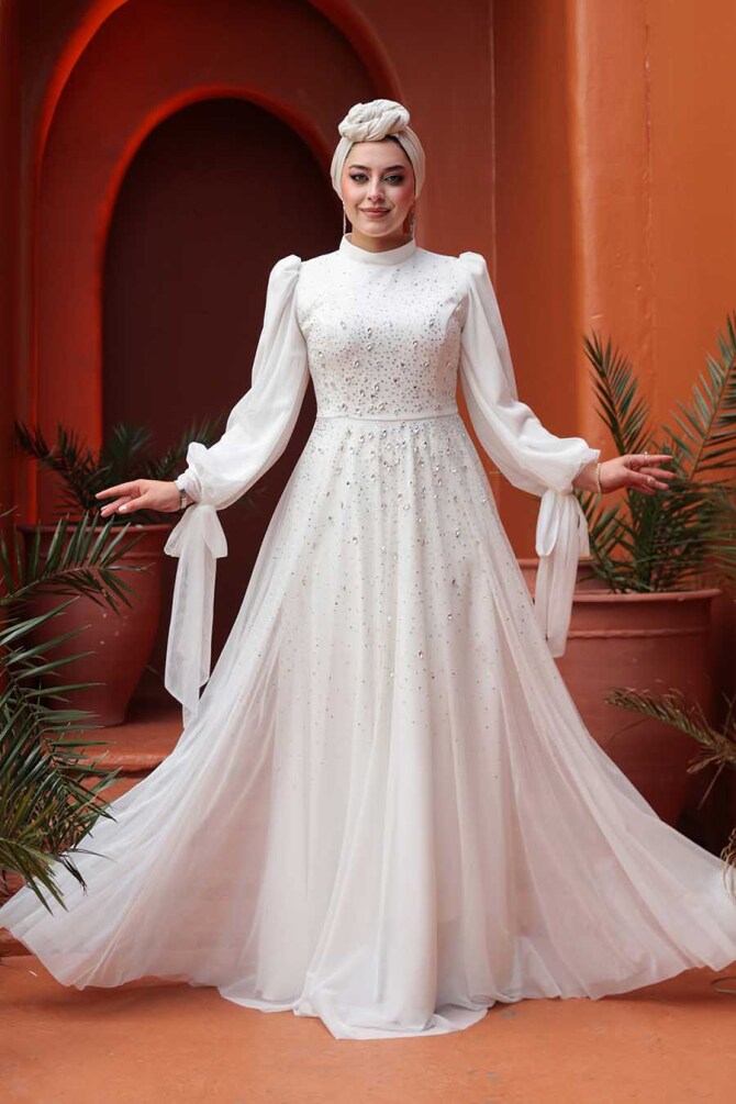 Tesettürlü Abiye Elbise - Boncuk İşlemeli Beyaz Tesettür Abiye Elbise 5283B - N.S NEVA STYLE