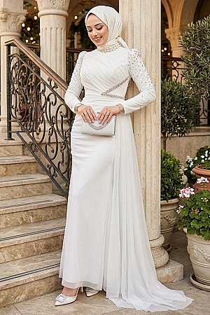 Tesettürlü Abiye Elbise - Boncuk İşlemeli Beyaz Tesettür Abiye Elbise 5295B - 1