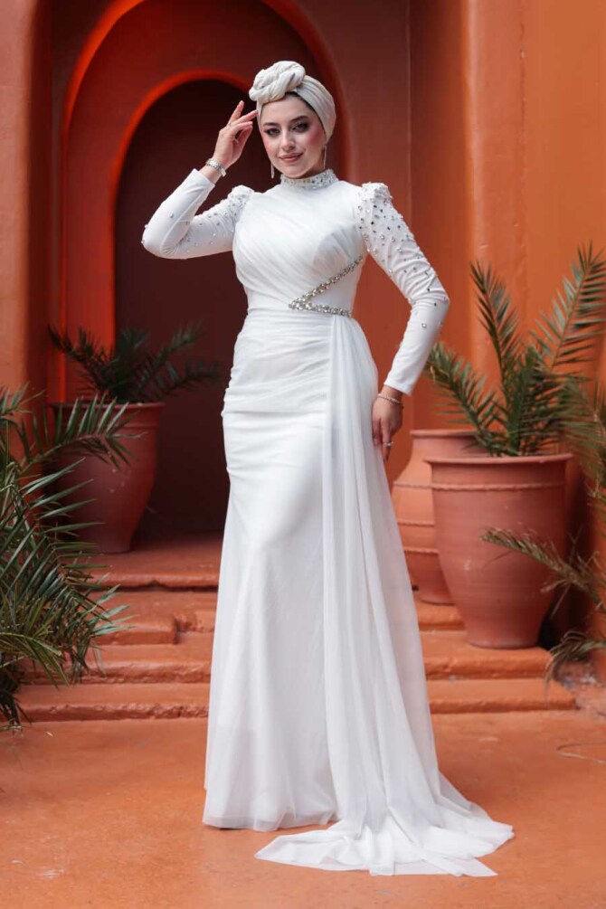 Tesettürlü Abiye Elbise - Boncuk İşlemeli Beyaz Tesettür Abiye Elbise 5295B - N.S NEVA STYLE