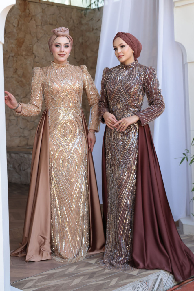 Tesettürlü Abiye Elbise - Boncuk İşlemeli Bisküvi Tesettür Abiye Elbise 51253BS - 5