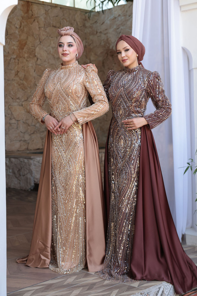 Tesettürlü Abiye Elbise - Boncuk İşlemeli Bisküvi Tesettür Abiye Elbise 51253BS - 6