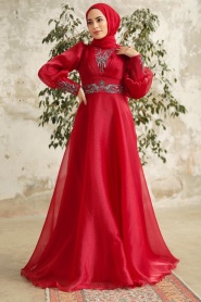 Tesettürlü Abiye Elbise - Boncuk İşlemeli Bordo Tesettür Abiye Elbise 3753BR - Thumbnail