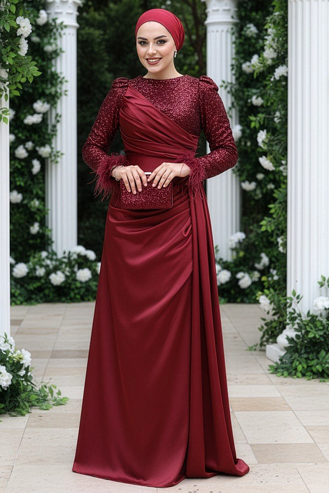 Tesettürlü Abiye Elbise - Boncuk İşlemeli Bordo Tesettür Abiye Elbise 52151BR - 1