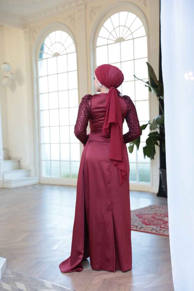 Tesettürlü Abiye Elbise - Boncuk İşlemeli Bordo Tesettür Abiye Elbise 52151BR - 4