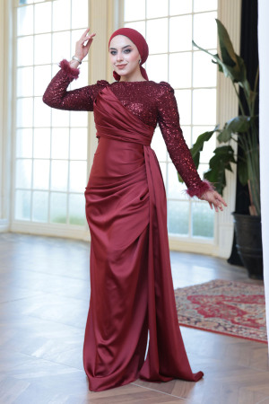 Tesettürlü Abiye Elbise - Boncuk İşlemeli Bordo Tesettür Abiye Elbise 52151BR - 2