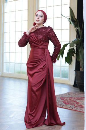 Tesettürlü Abiye Elbise - Boncuk İşlemeli Bordo Tesettür Abiye Elbise 52151BR - 3