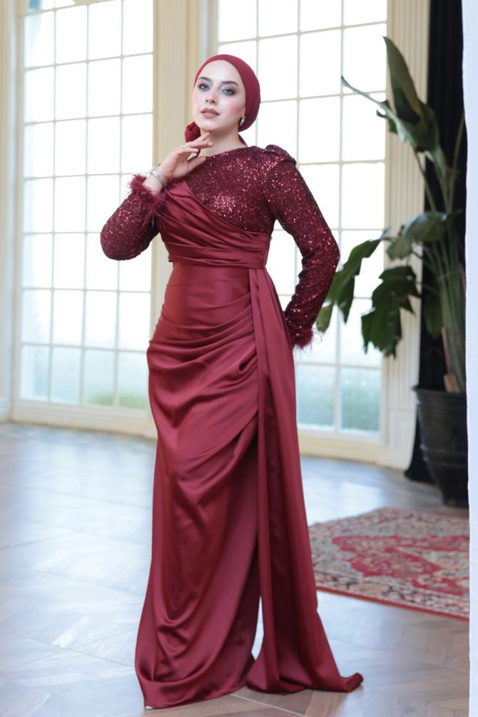 Tesettürlü Abiye Elbise - Boncuk İşlemeli Bordo Tesettür Abiye Elbise 52151BR - 3