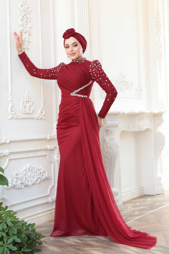 Tesettürlü Abiye Elbise - Boncuk İşlemeli Bordo Tesettür Abiye Elbise 5295BR - N.S NEVA STYLE