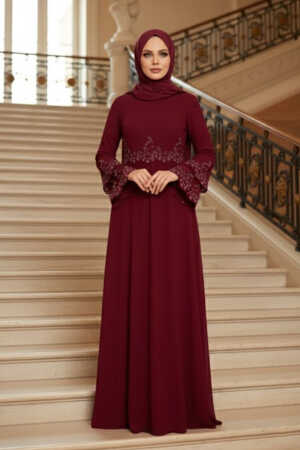 Tesettürlü Abiye Elbise - Boncuk İşlemeli Bordo Tesettür Abiye Elbise 9181BR - 1