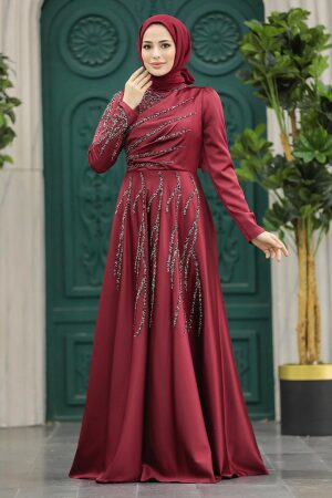 Tesettürlü Abiye Elbise - Boncuk İşlemeli Bordo Tesettür Saten Abiye Elbise 3984BR - 2
