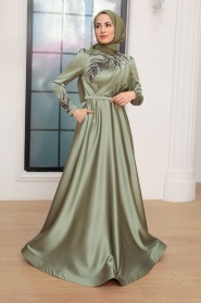 Tesettürlü Abiye Elbise - Boncuk İşlemeli Çağla Yeşili Saten Tesettür Abiye Elbise 22401CY - Thumbnail