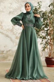 Tesettürlü Abiye Elbise - Boncuk İşlemeli Çağla Yeşili Tesettür Abiye Elbise 3753CY - Thumbnail