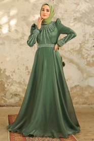 Tesettürlü Abiye Elbise - Boncuk İşlemeli Çağla Yeşili Tesettür Abiye Elbise 3774CY - Thumbnail