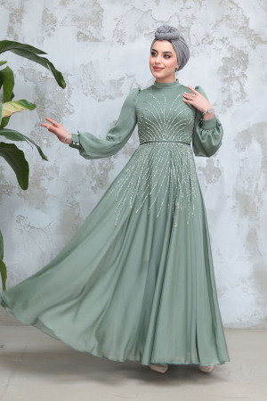 Tesettürlü Abiye Elbise - Boncuk İşlemeli Çağla Yeşili Tesettür Abiye Elbise 4953CY 