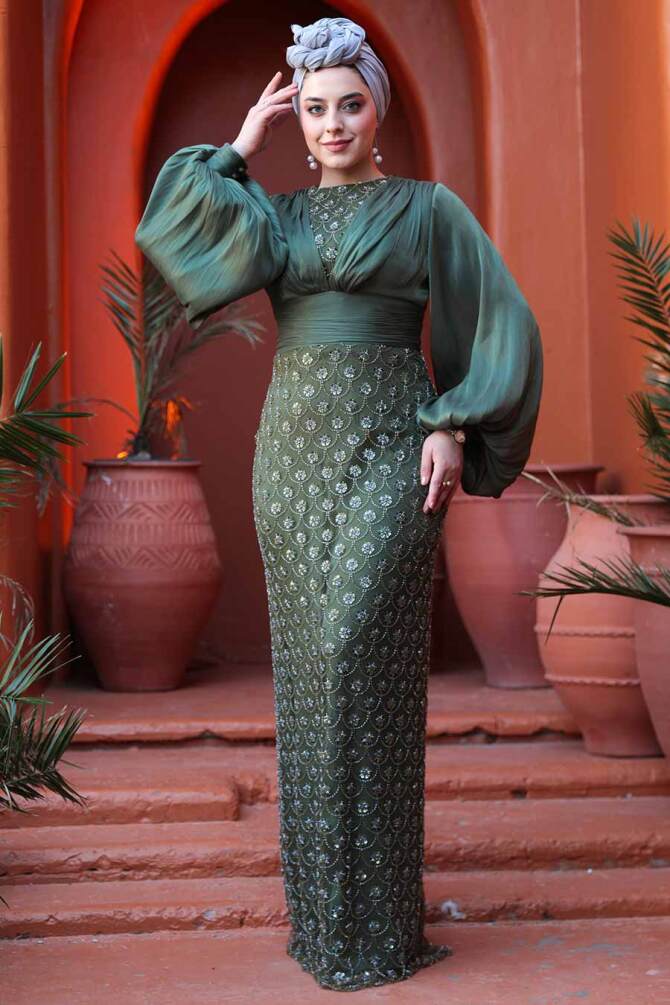 Tesettürlü Abiye Elbise - Boncuk İşlemeli Çağla Yeşili Tesettür Abiye Elbise 4961CY - TESETTÜRLÜ ABİYE ELBİSELER