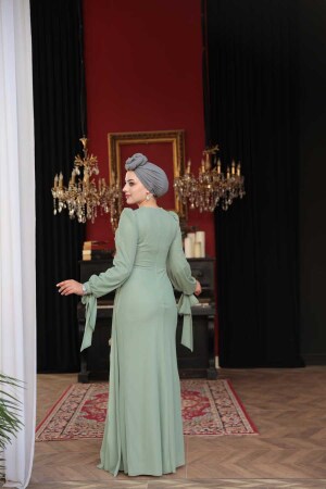 Tesettürlü Abiye Elbise - Boncuk İşlemeli Çağla Yeşili Tesettür Abiye Elbise 53497CY - 4