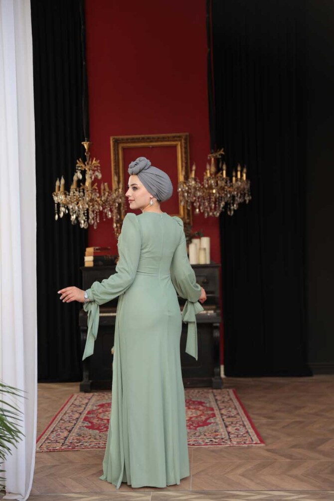 Tesettürlü Abiye Elbise - Boncuk İşlemeli Çağla Yeşili Tesettür Abiye Elbise 53497CY - 4